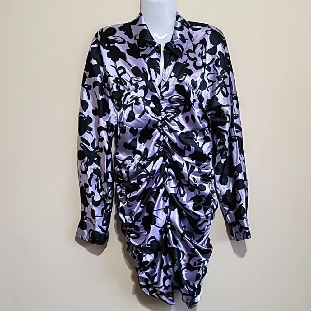 Zara Satin Effect Black and Lilac Dress Sz Large - Picture 5 of 8